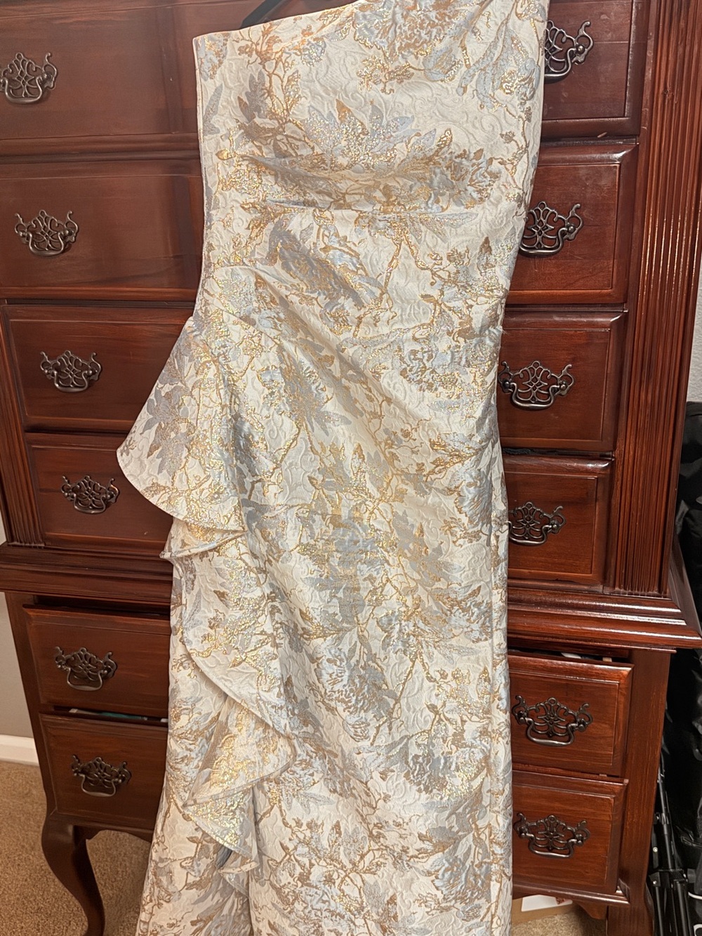 Xscape One-Shoulder Brocade Gown in Ivory and Gold